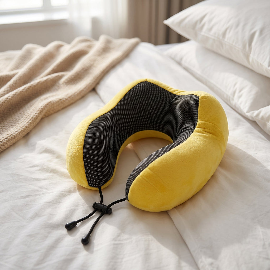 Bright yellow travel pillow for head and neck support