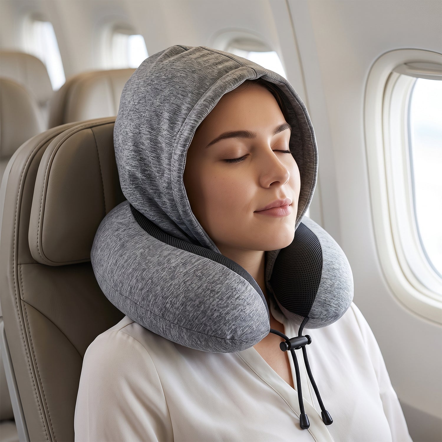 Neck pillow with drawstring hood for head and neck support