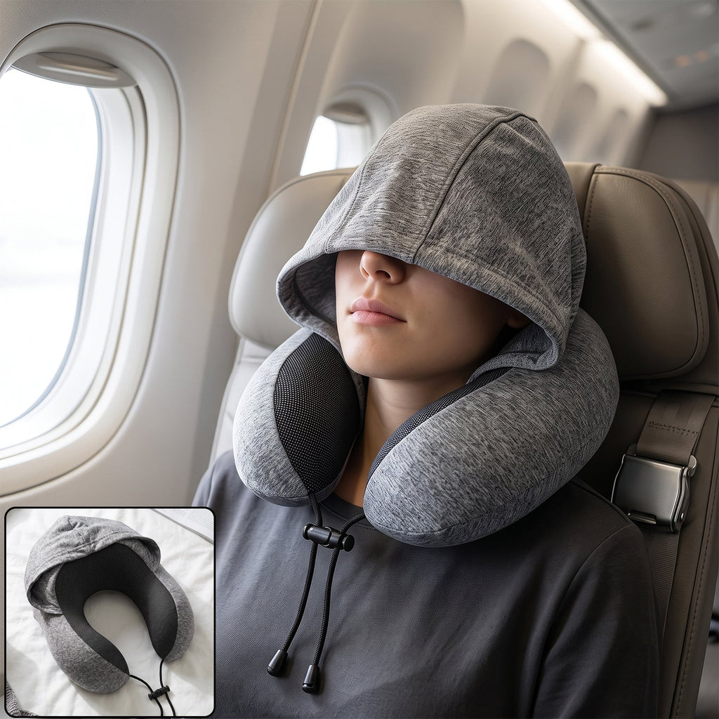 U shaped hooded neck pillow, grey travel pillow with drawstring hood (1 pc)