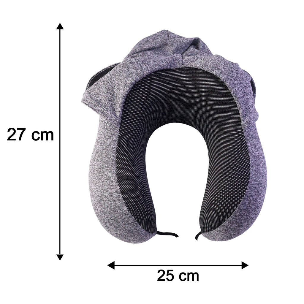 Cosy hooded U shape pillow for planes, cars and trains