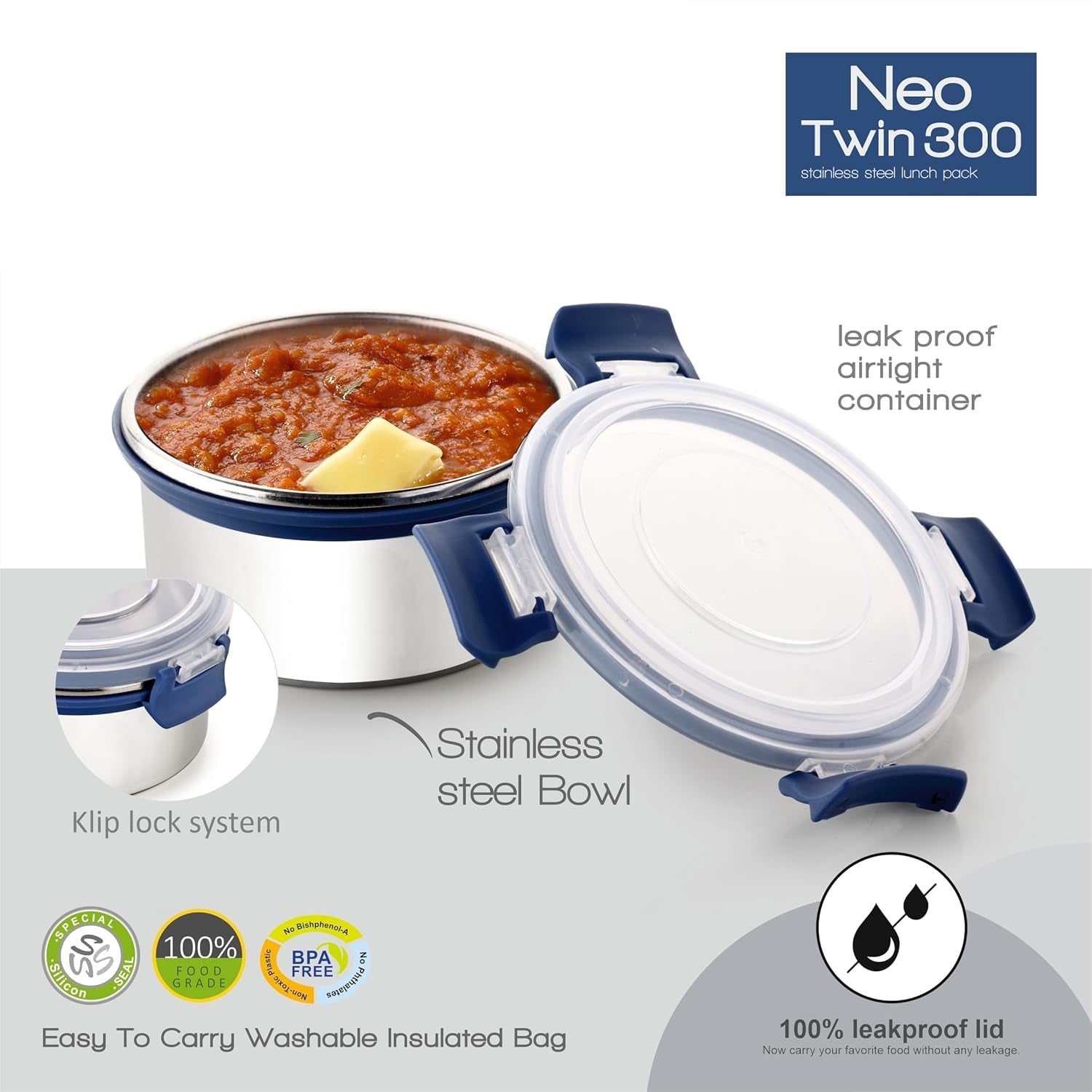 Leak-proof stainless steel food containers for meal transport