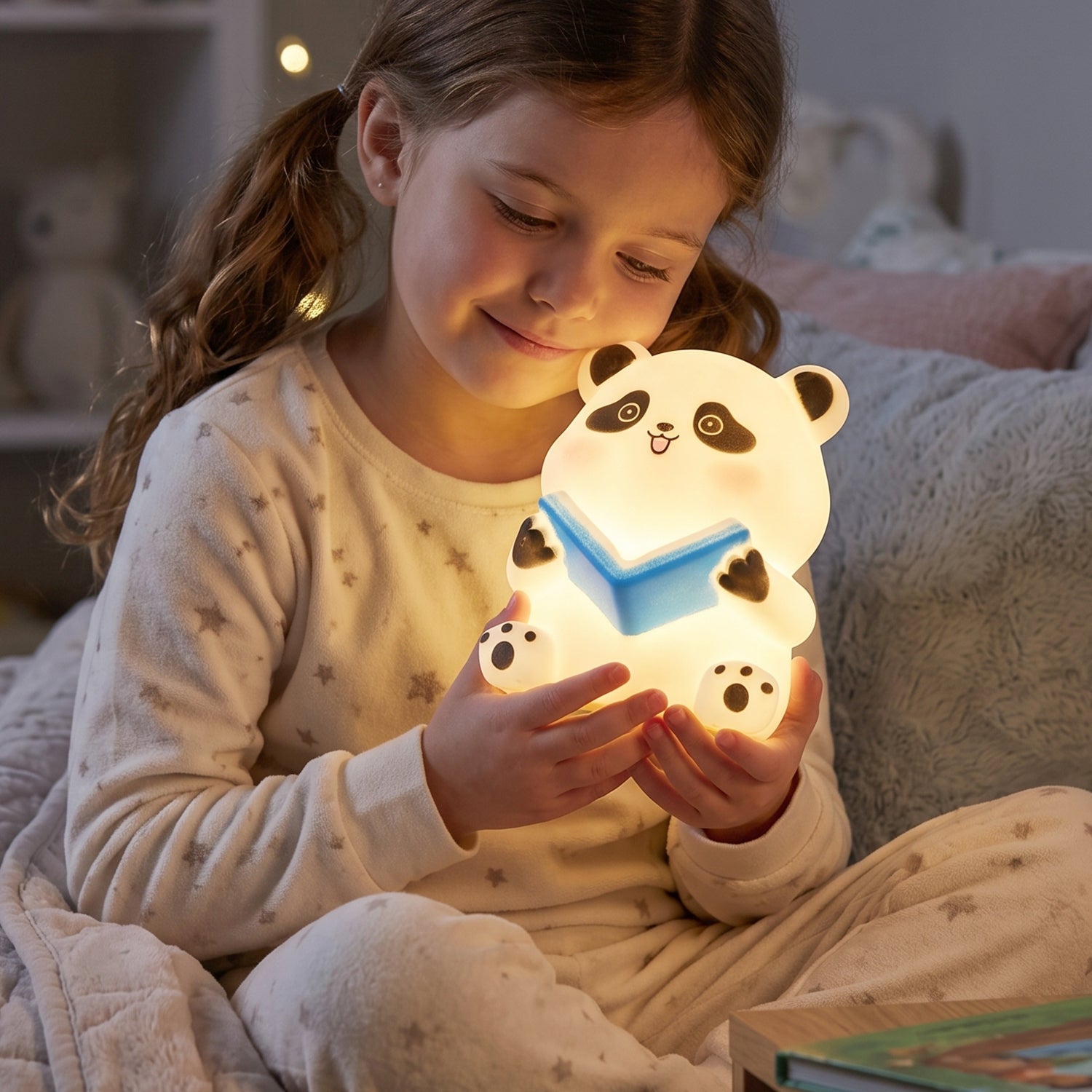 Squeezable silicone panda LED lamp for gentle bedtime light