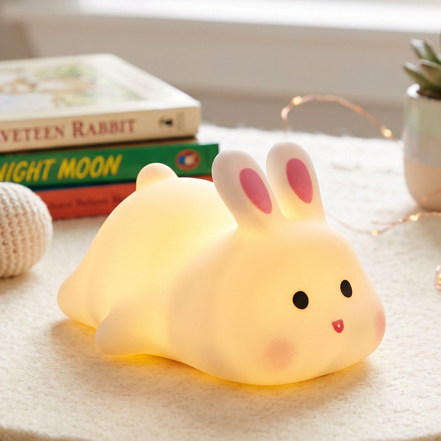 Squeezable silicone bunny LED lamp for gentle bedtime light
