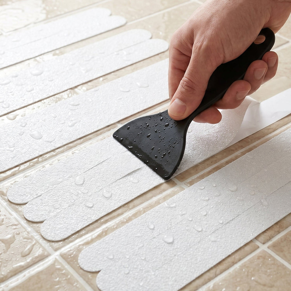 Easy-to-apply transparent bath safety strips with scraper tool