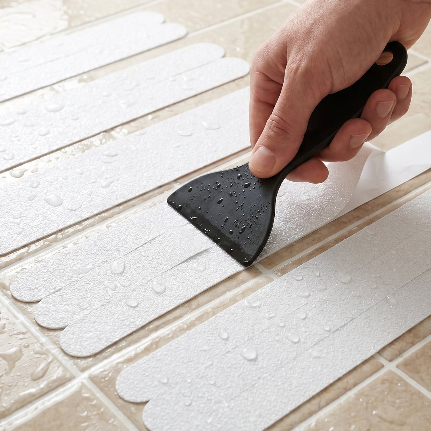 Easy-to-apply transparent bath safety strips with scraper tool