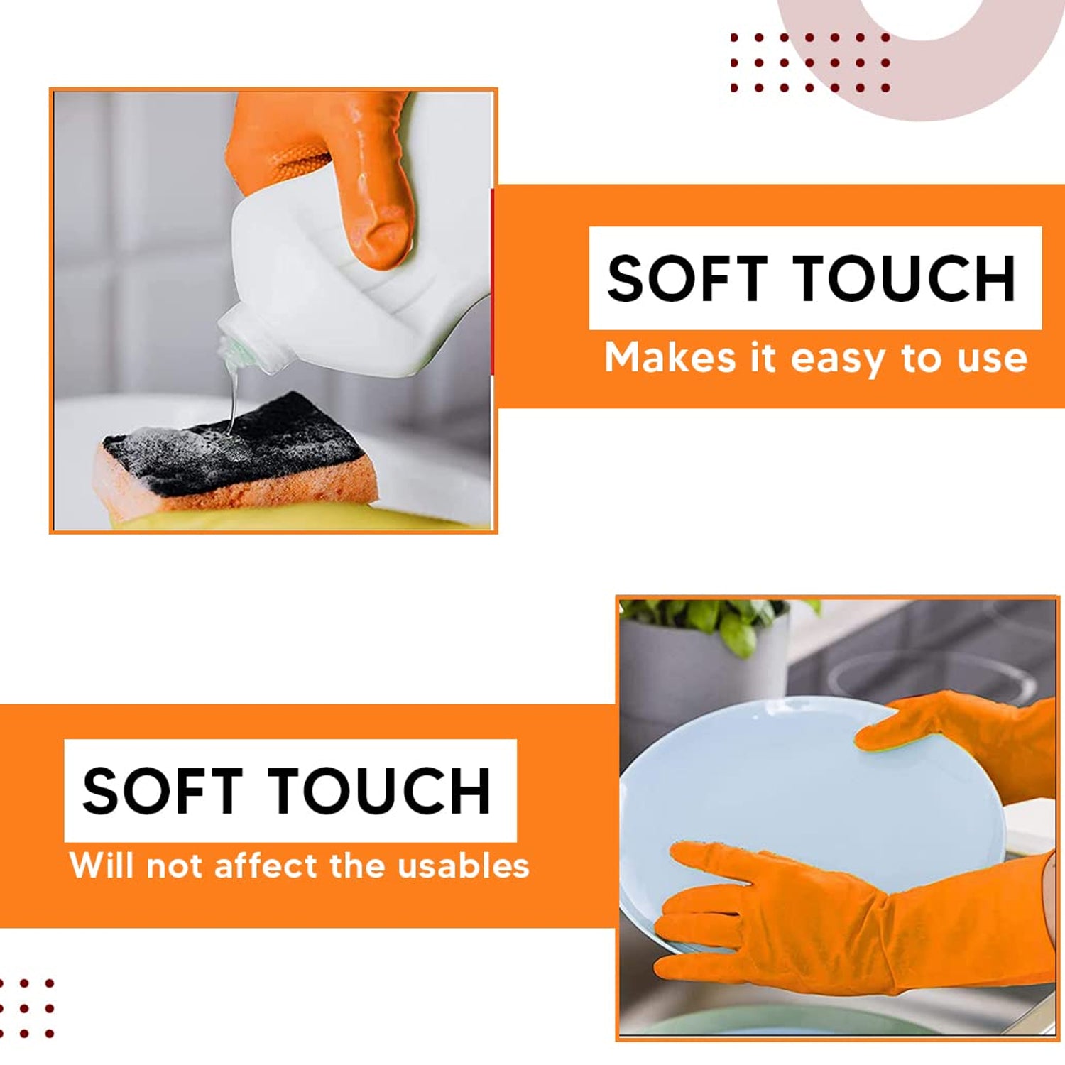 Waterproof orange household cleaning gloves in use