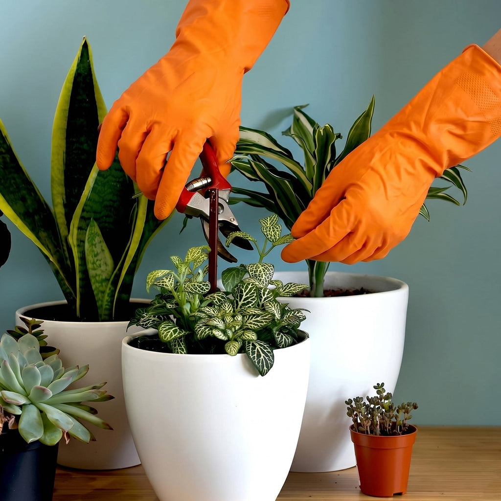 Close-up of durable orange cleaning rubber gloves