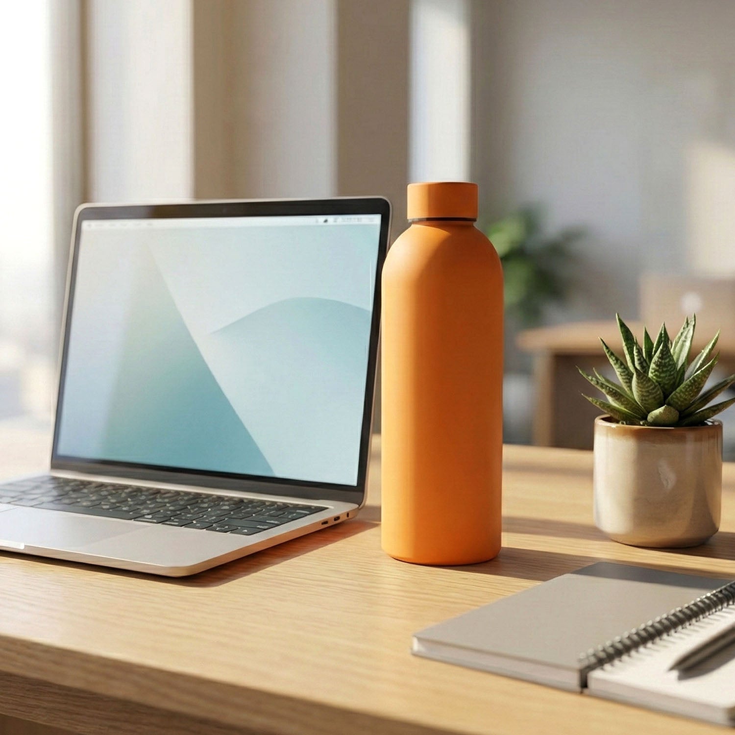 Side view of insulated orange steel water bottle for hot and cold drinks