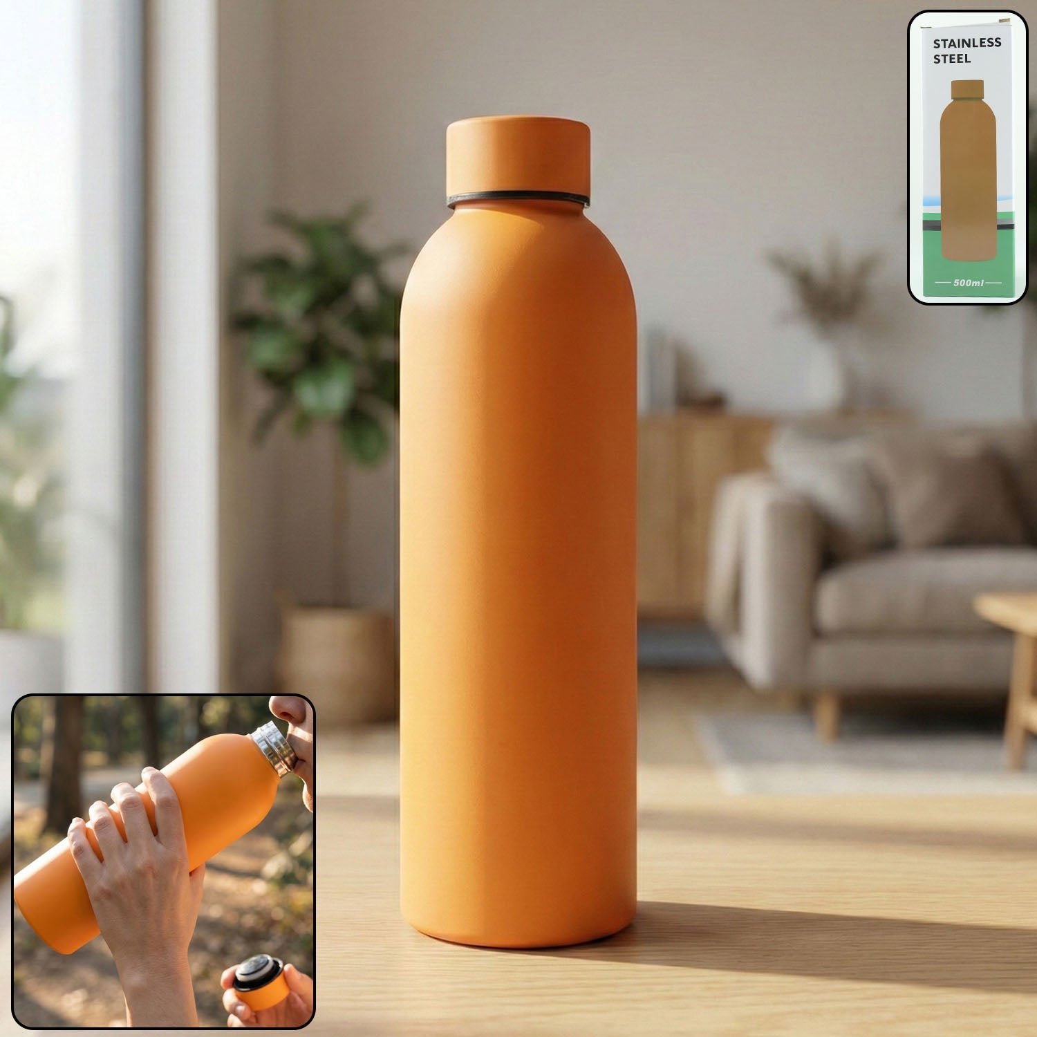 Orange insulated stainless steel water bottle, 500ml capacity