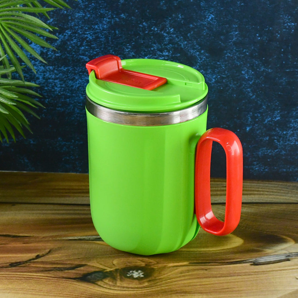 Side view of Supermom insulated mug featuring a panda motif