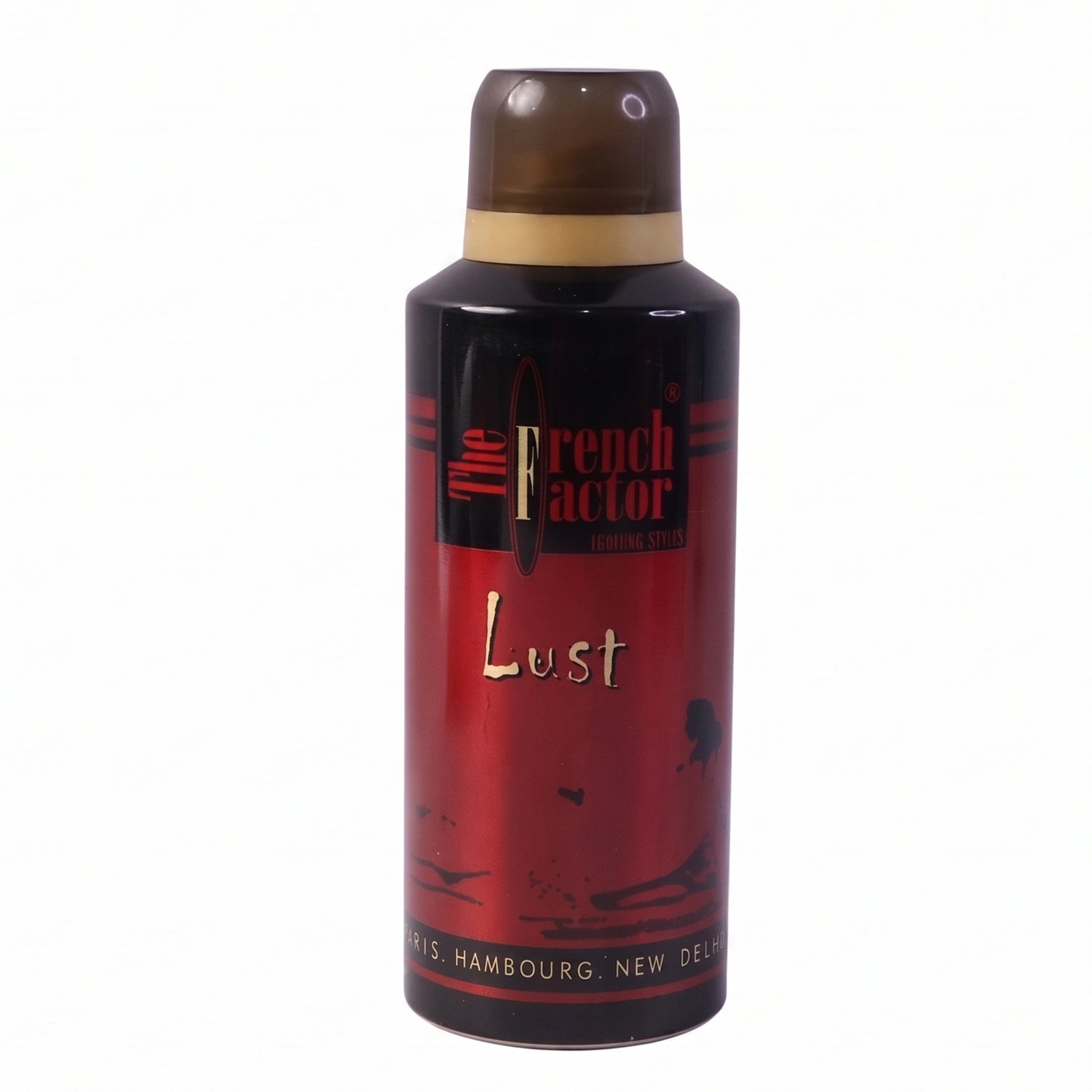 Packaged French Factor Lust Red deodorant spray on a grooming shelf with branding