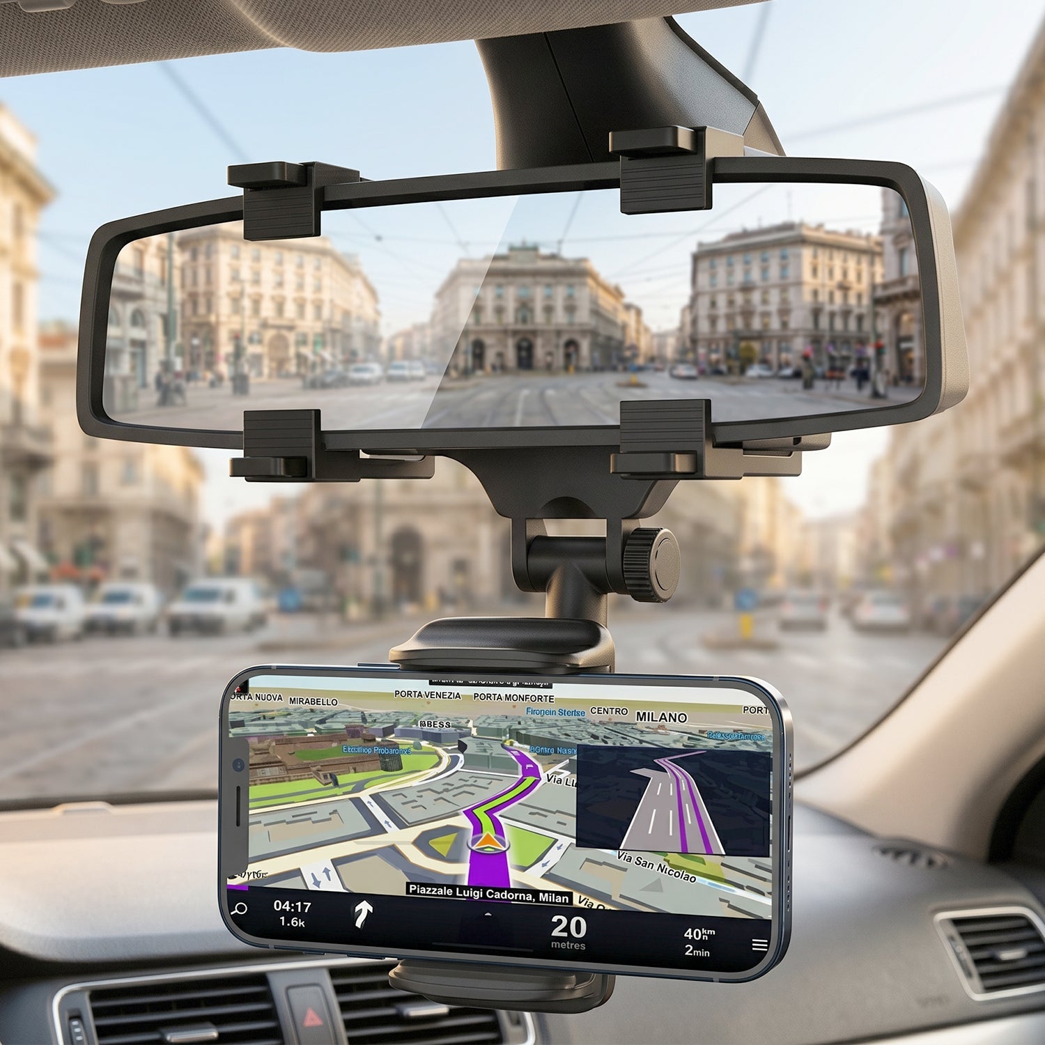 Adjustable car mirror mobile holder for hands free navigation