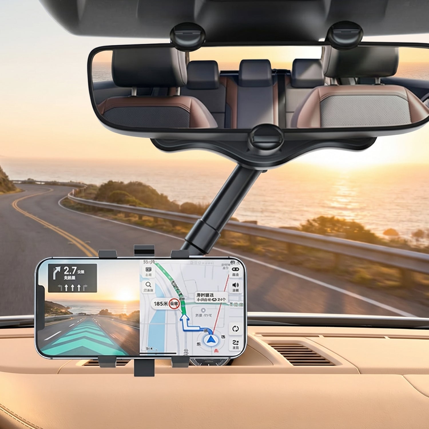 Easy clip-on car rear view mirror phone holder with 360-degree rotation