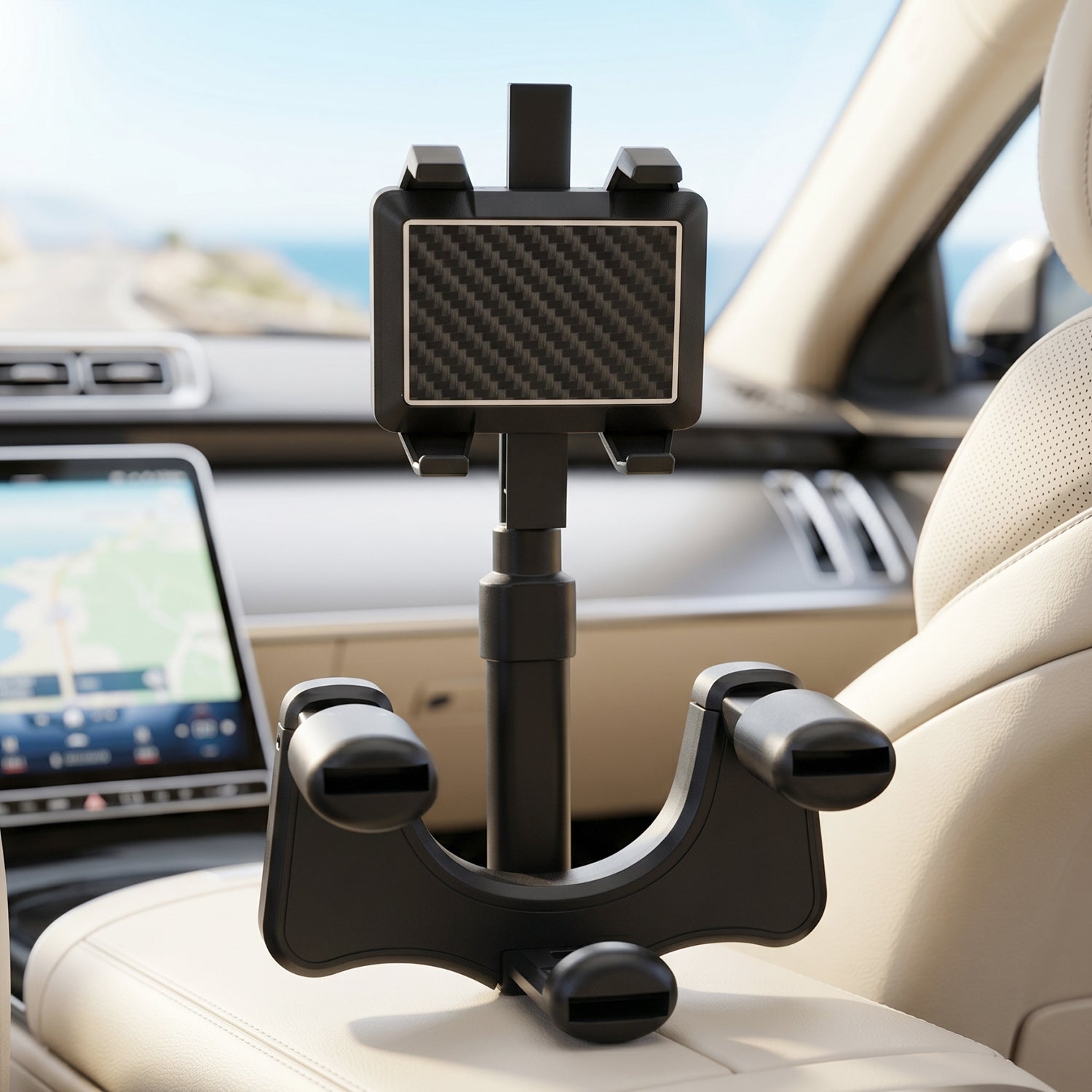 360 degree rotating phone holder for car with retractable arm, holds most smartphones securely