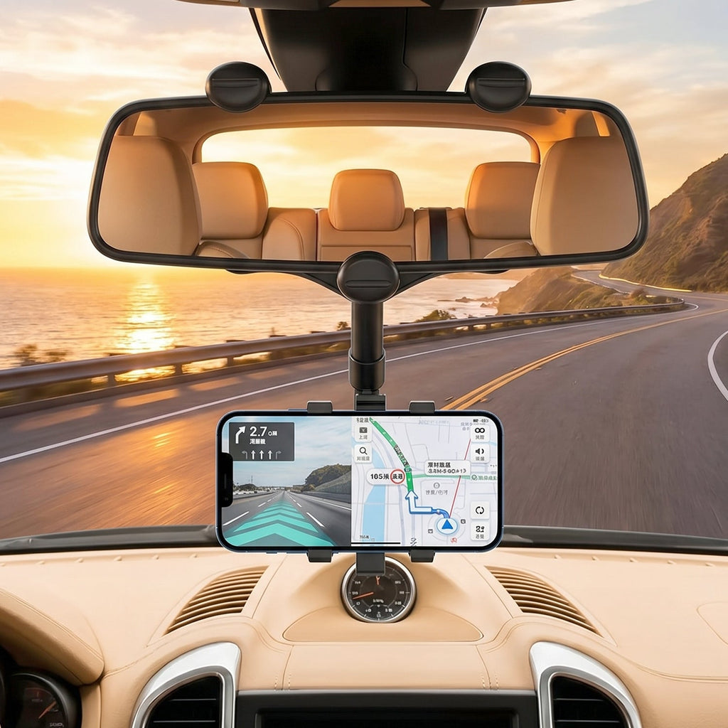 Flexible car phone holder with spring clamp for bumps, compatible with GPS and calls