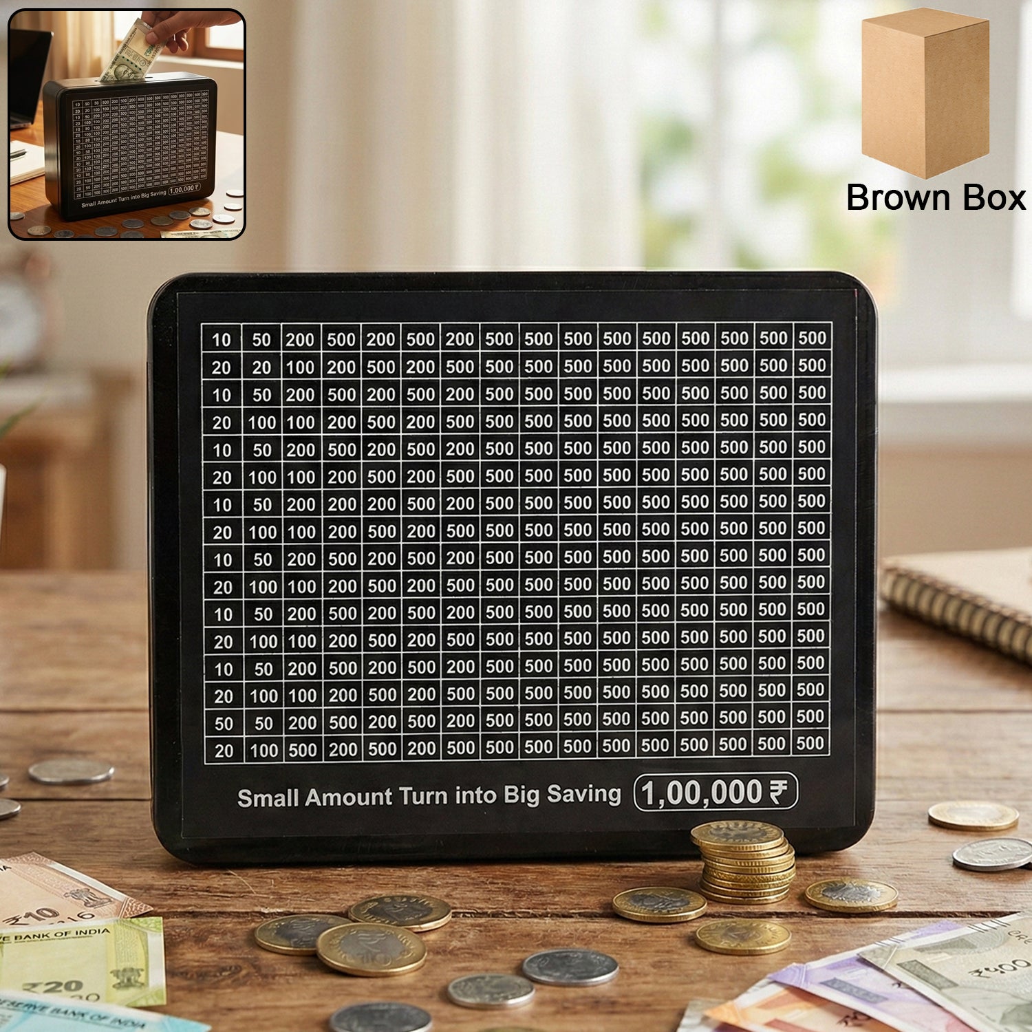 Reusable savings tracker money box with printed goal chart on front