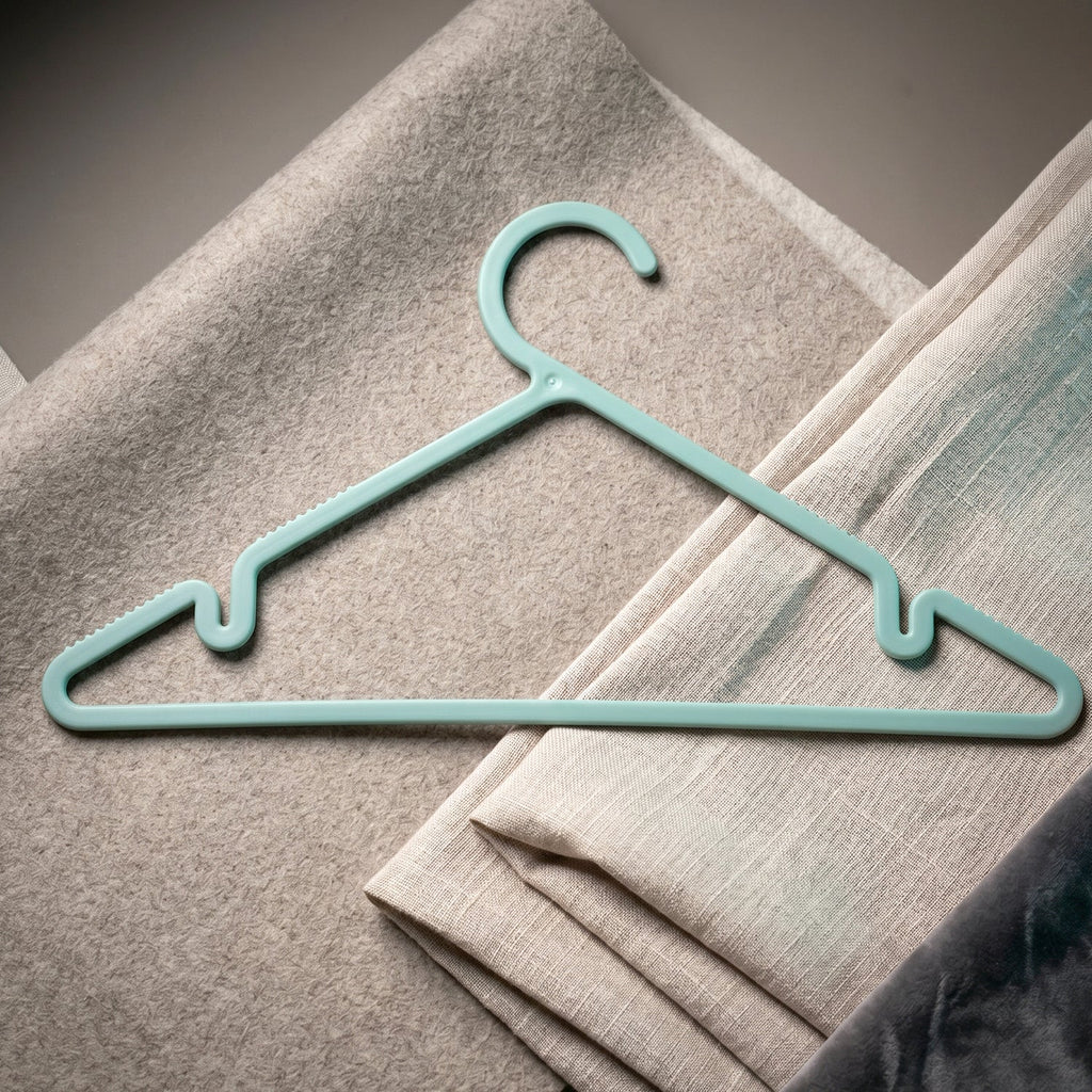 Plastic hanger holding shirt and dress, supporting heavy fabrics