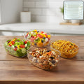 Stacked clear serving bowls in a durable multipurpose bowl set