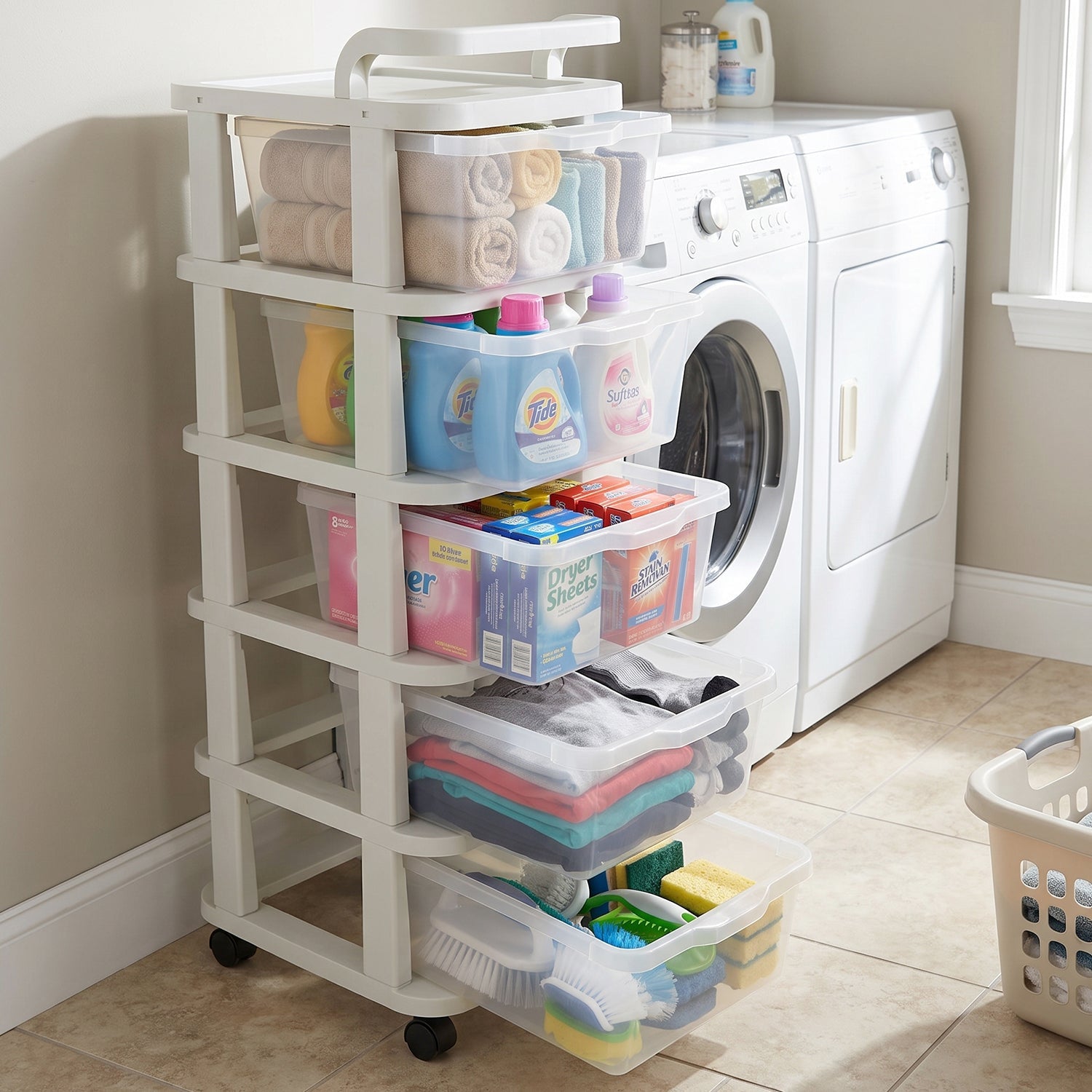 Mobile plastic storage rack with five drawers for tidy spaces