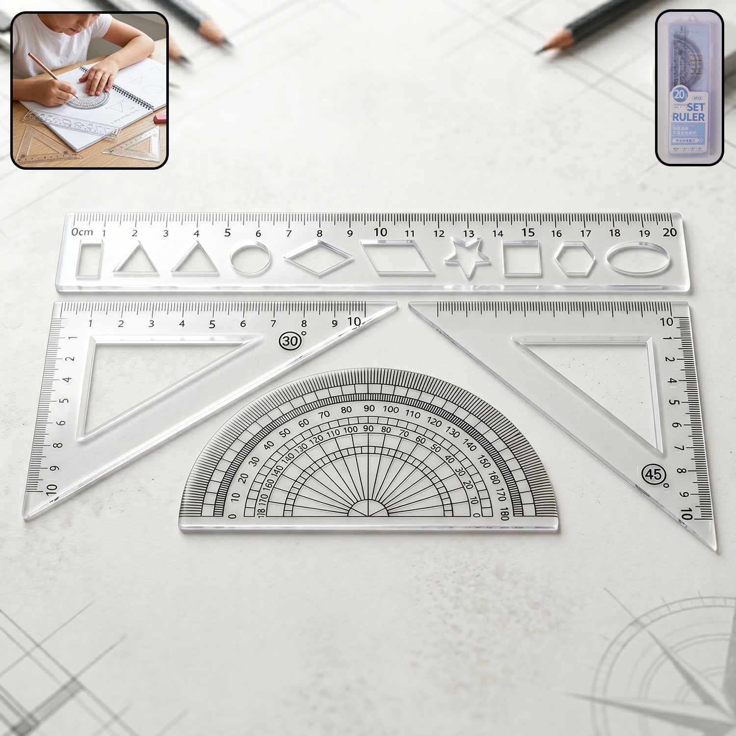 Student geometry ruler set 4-piece with transparent plastic tools