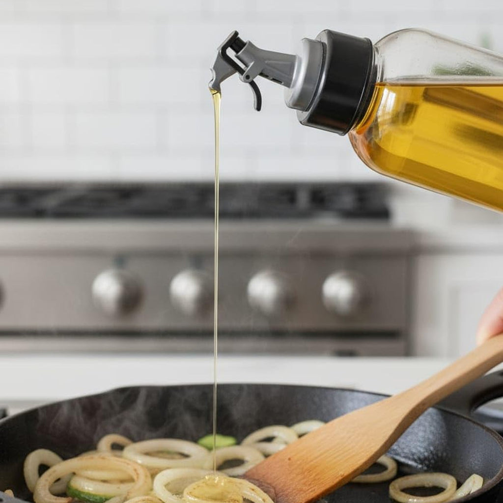 Transparent oil dispenser with flip top for oil, vinegar, sauces