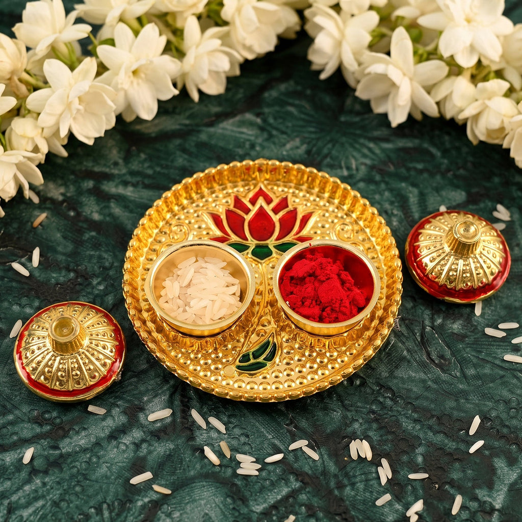 Round pooja thali kumkum box for festivals and daily worship