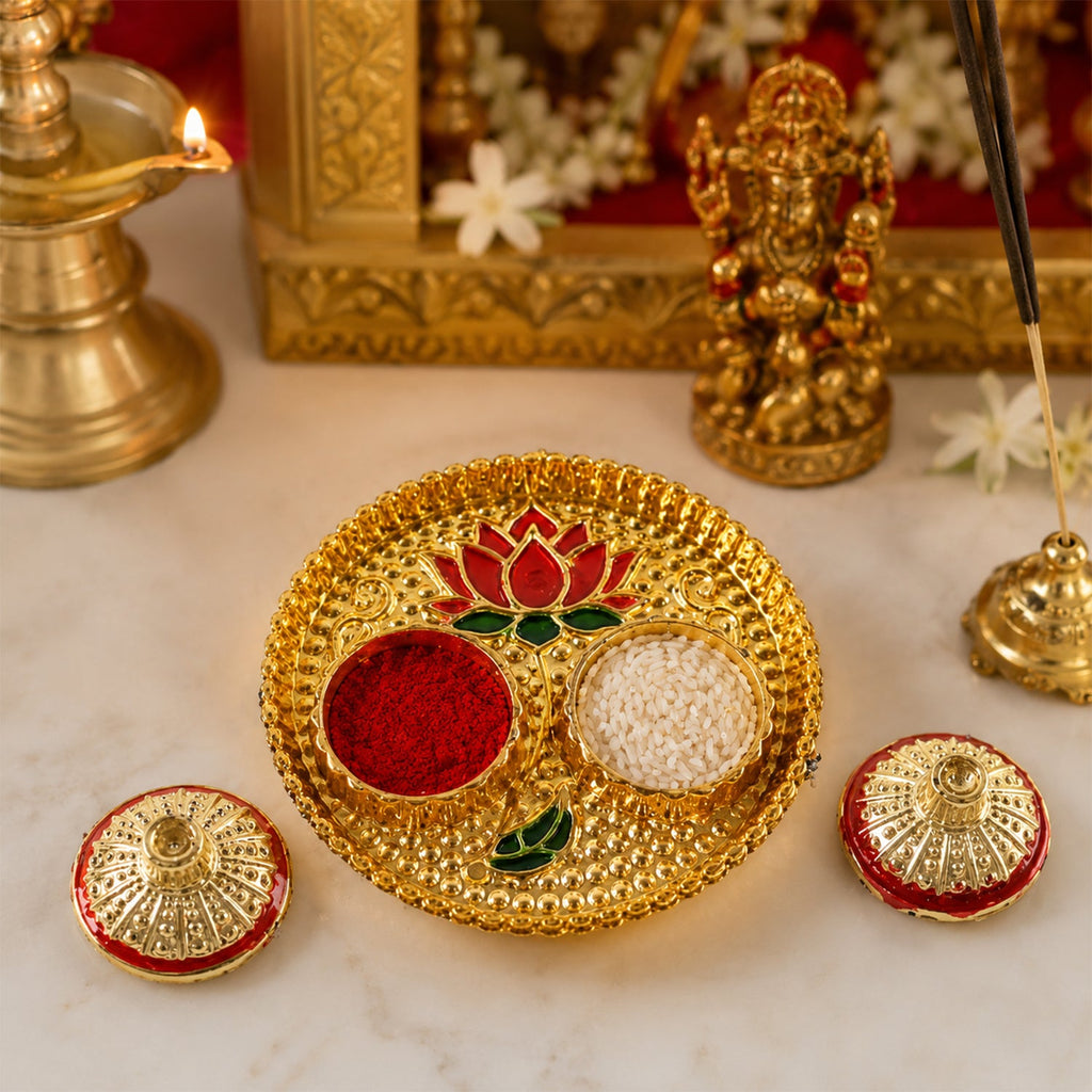 Round kankavati kumkum holder, decorative pooja thali with lotus design (1 pc)