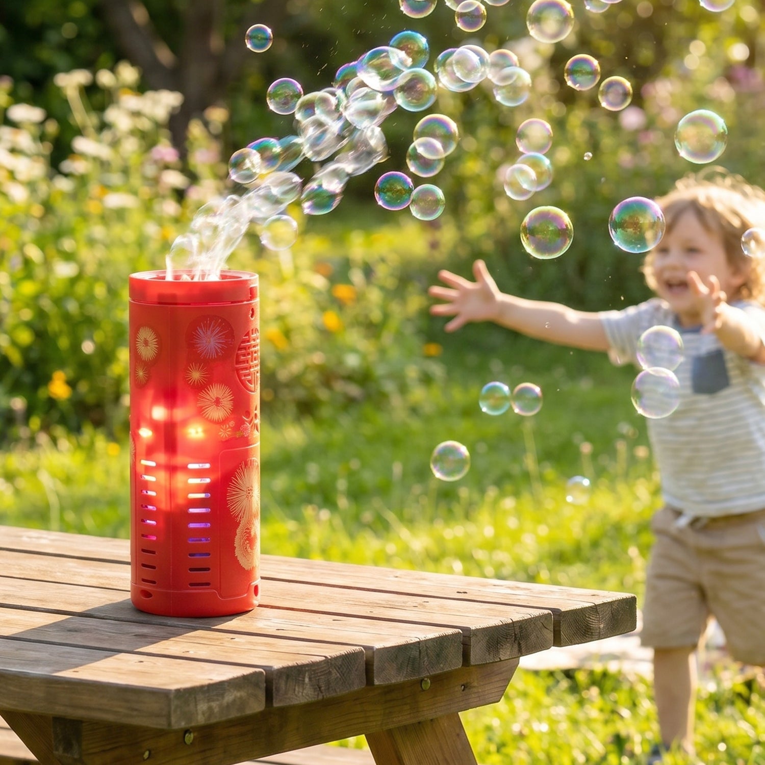 Kids bubble machine toy with colorful LED lights for playful enjoyment
