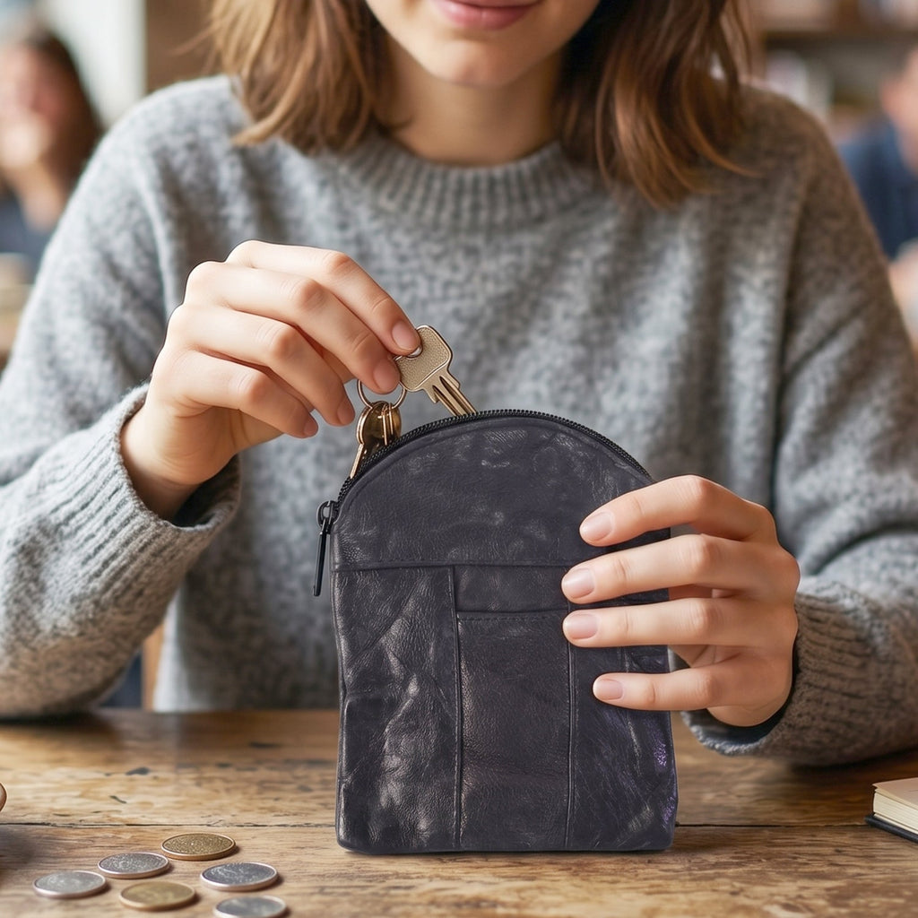 Stylish black leather mini pouch fitted into a pocket or handbag.