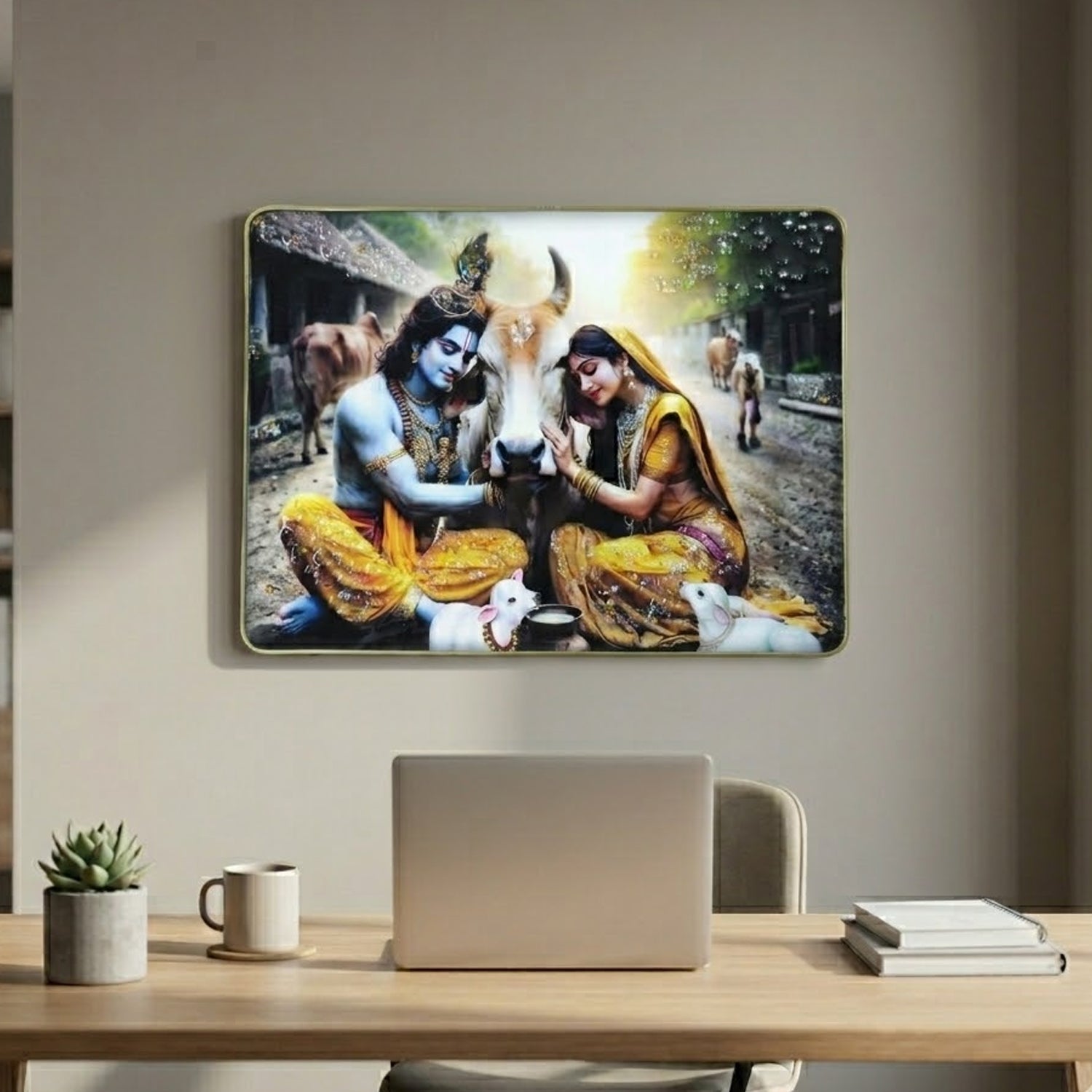 Spiritual Radha Krishna village scene wall art panel