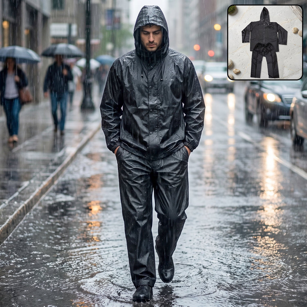 Unisex waterproof EVA rain coat set with hooded jacket and matching pants.