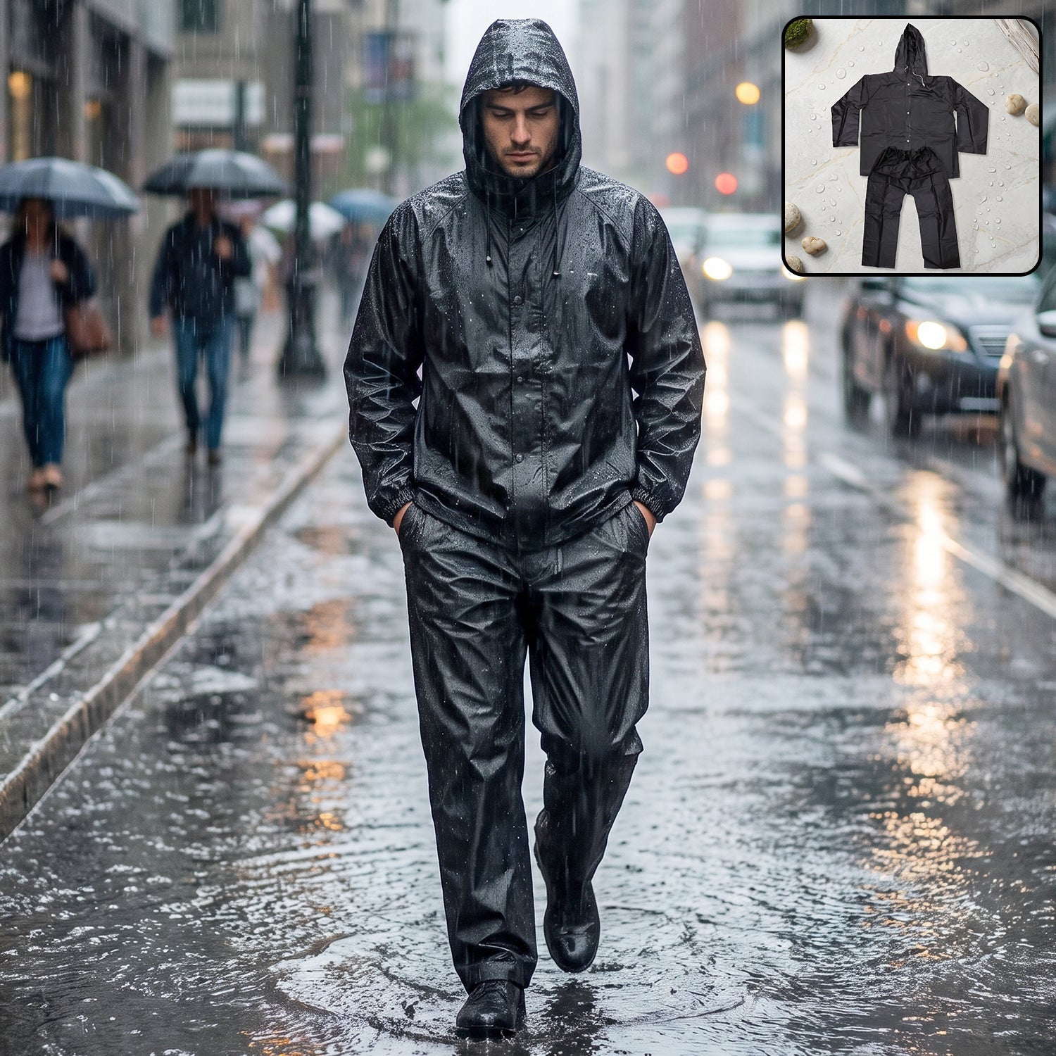 Unisex waterproof EVA rain coat set with hooded jacket and matching pants.