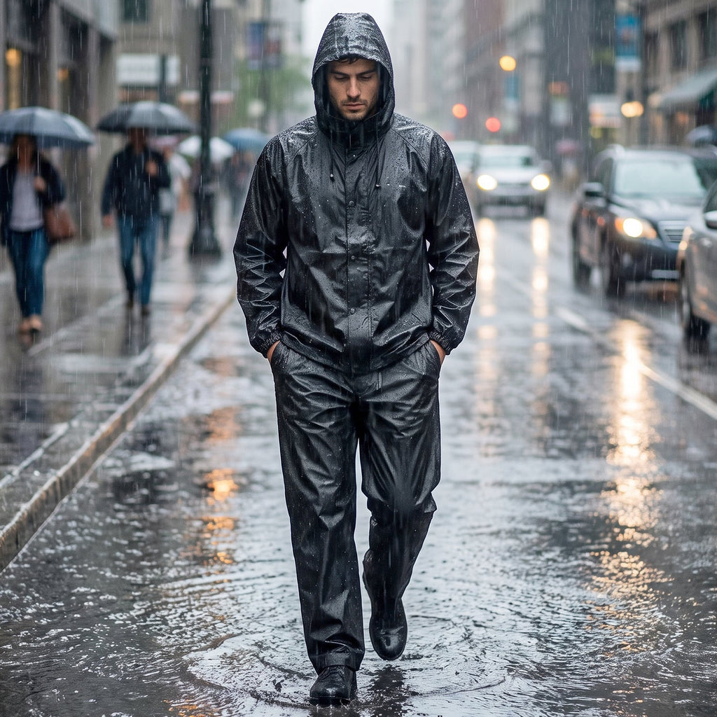 Model wearing a black waterproof rain coat set for men and women.