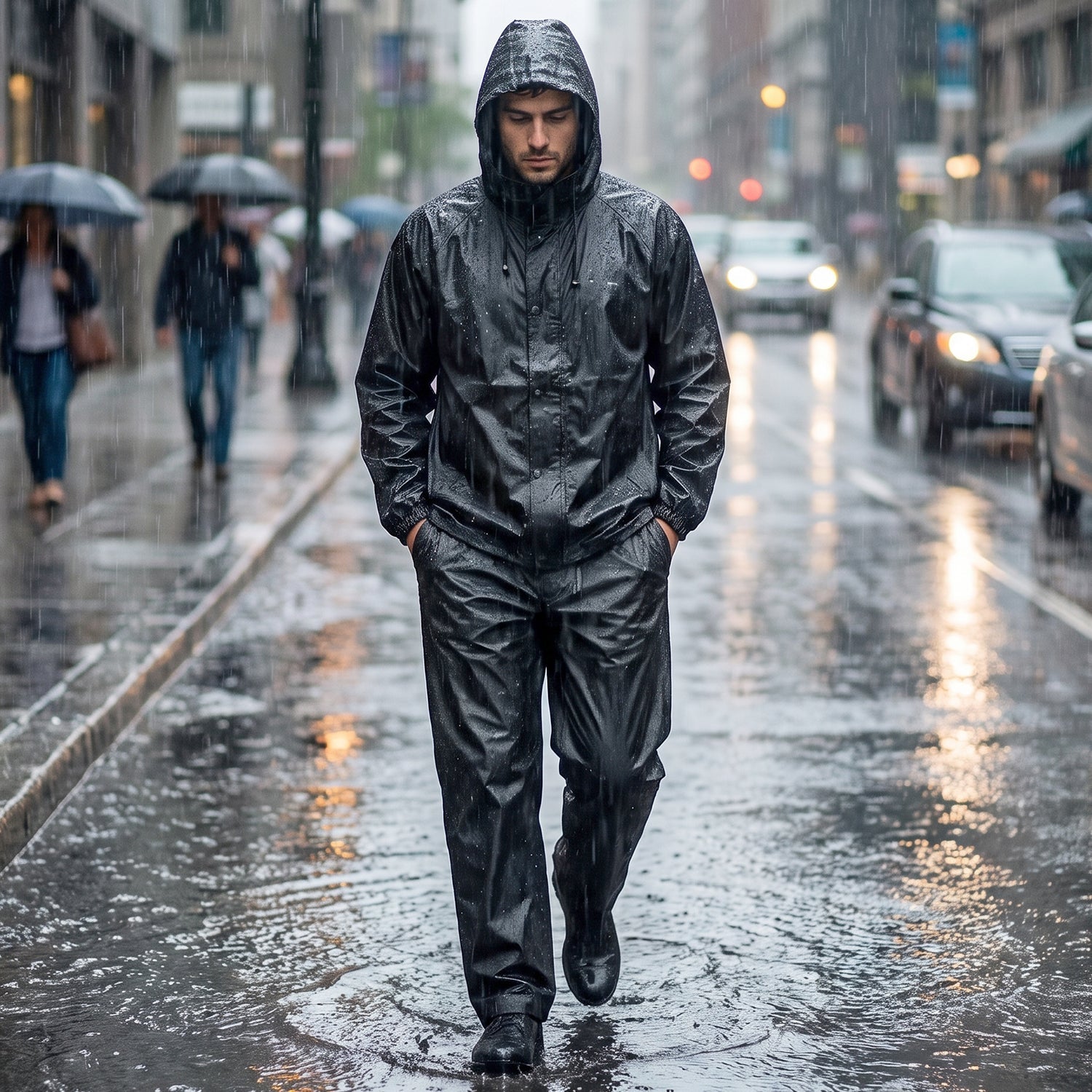 Model wearing a black waterproof rain coat set for men and women.