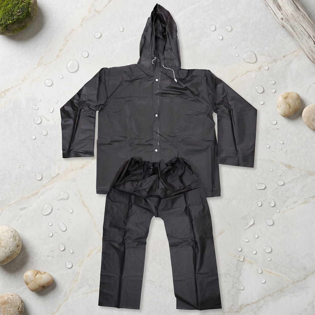 Lightweight and reusable rain jacket and pant set for outdoor activities.