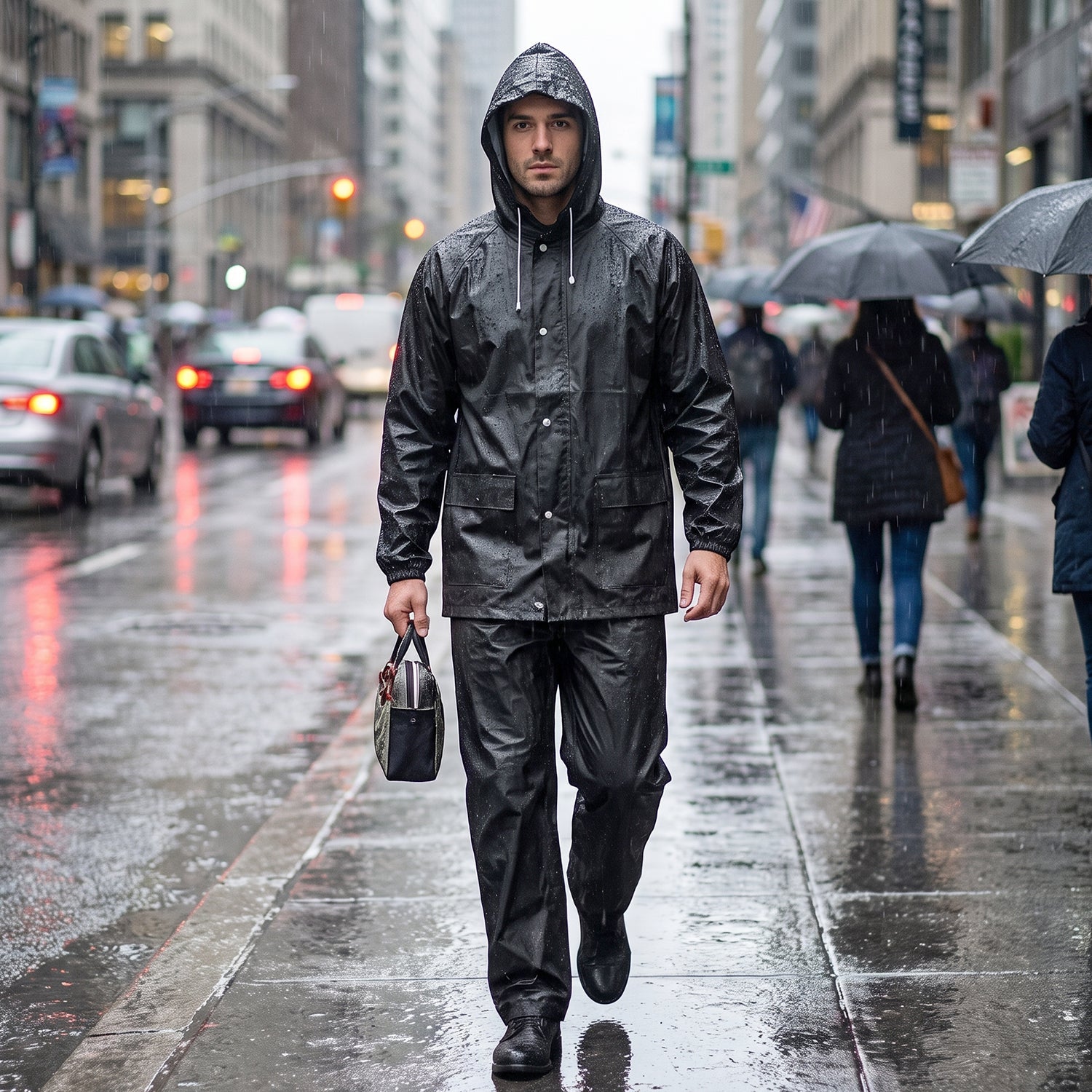 Foldable EVA rain suit with hood provides reliable protection on rainy days.