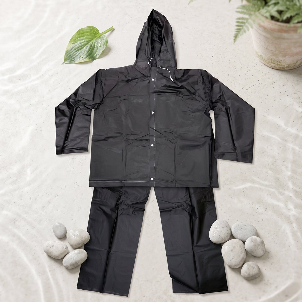Hooded rain jacket and pant set for enhanced safety on bikes and scooters.