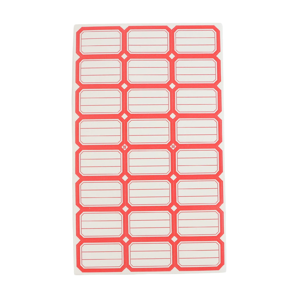 Single sheet showing multiple red and white self-adhesive rectangular label stickers