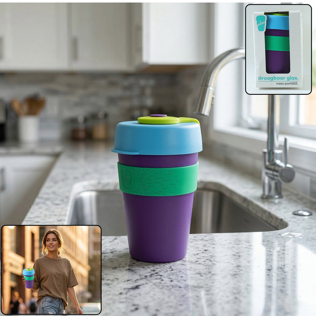 Colorful reusable coffee travel mug with silicone lid