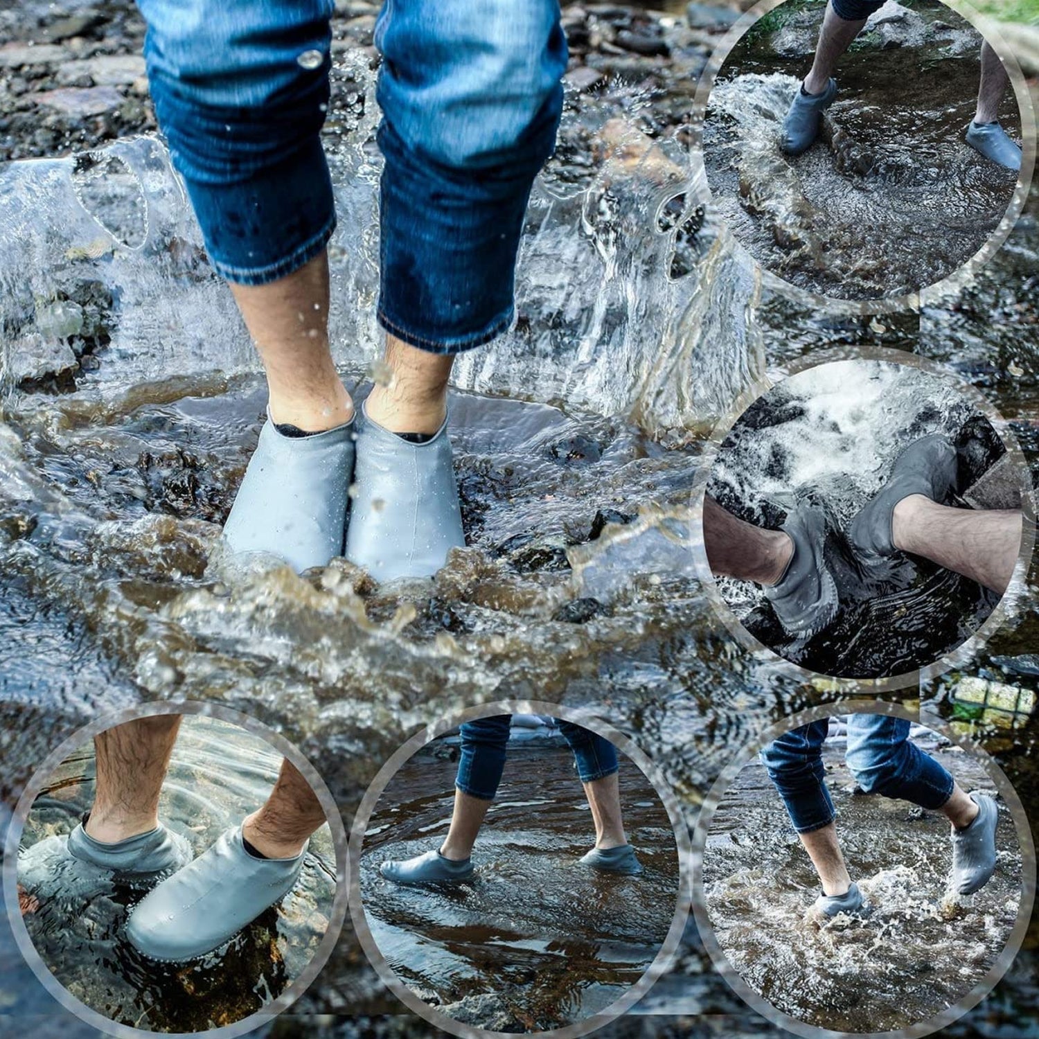 A collage shows multiple views of people wearing grey silicone shoe covers while walking through water, splashing.