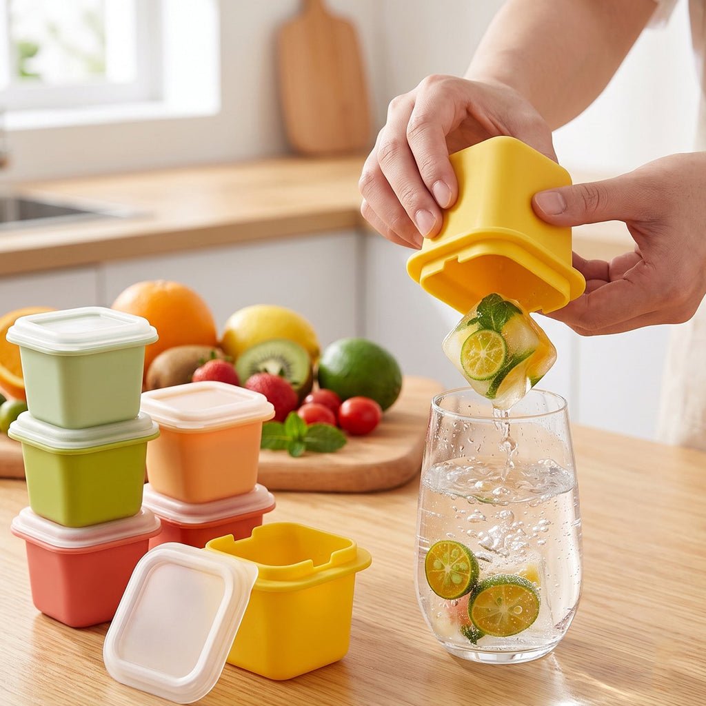 Square Ice Cube Mould Set with Lids Multicolor for Drinks and Cocktails (4 Pc)
