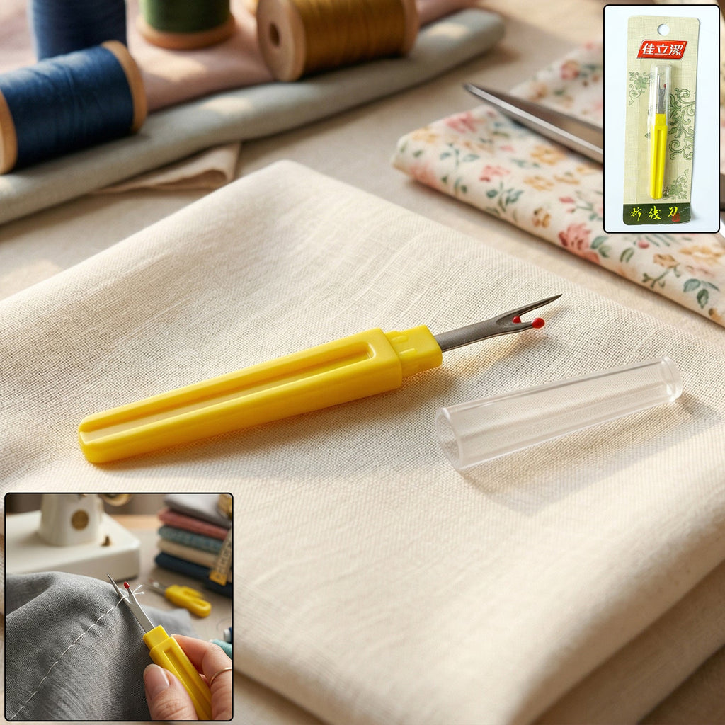 Close up of a seam ripper tool with a sharp tip for accurate stitch removal.