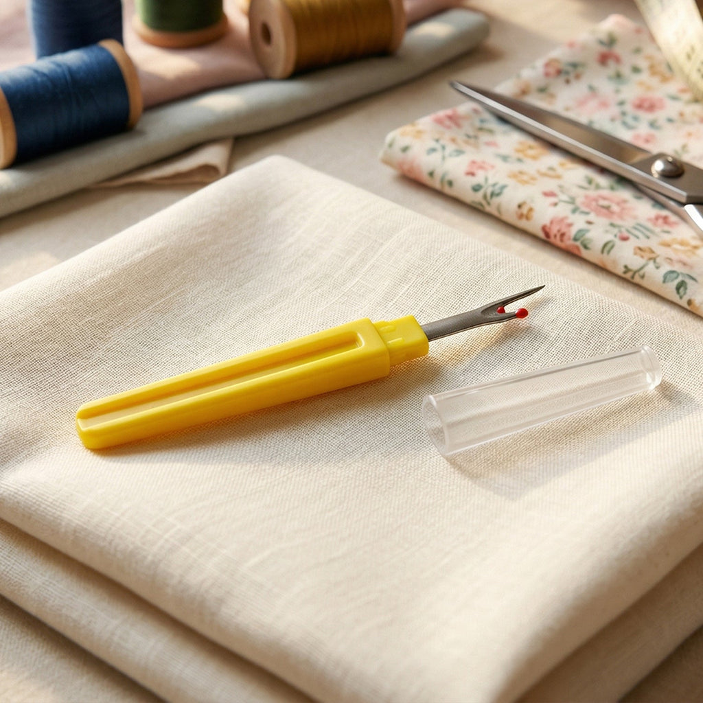 Hand holding a seam ripper tool, demonstrating its use for fabric stitching.