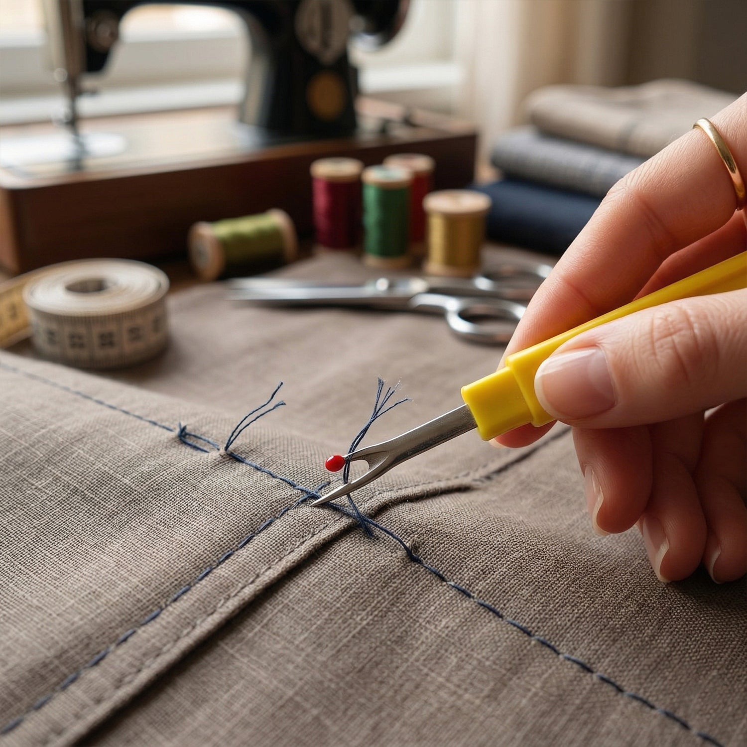 Essential seam ripper tool for crafting and tailoring projects.