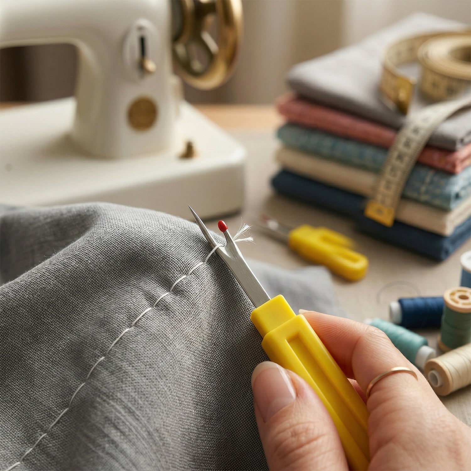 Precision seam ripper tool shown in action on fabric for sewing repairs.