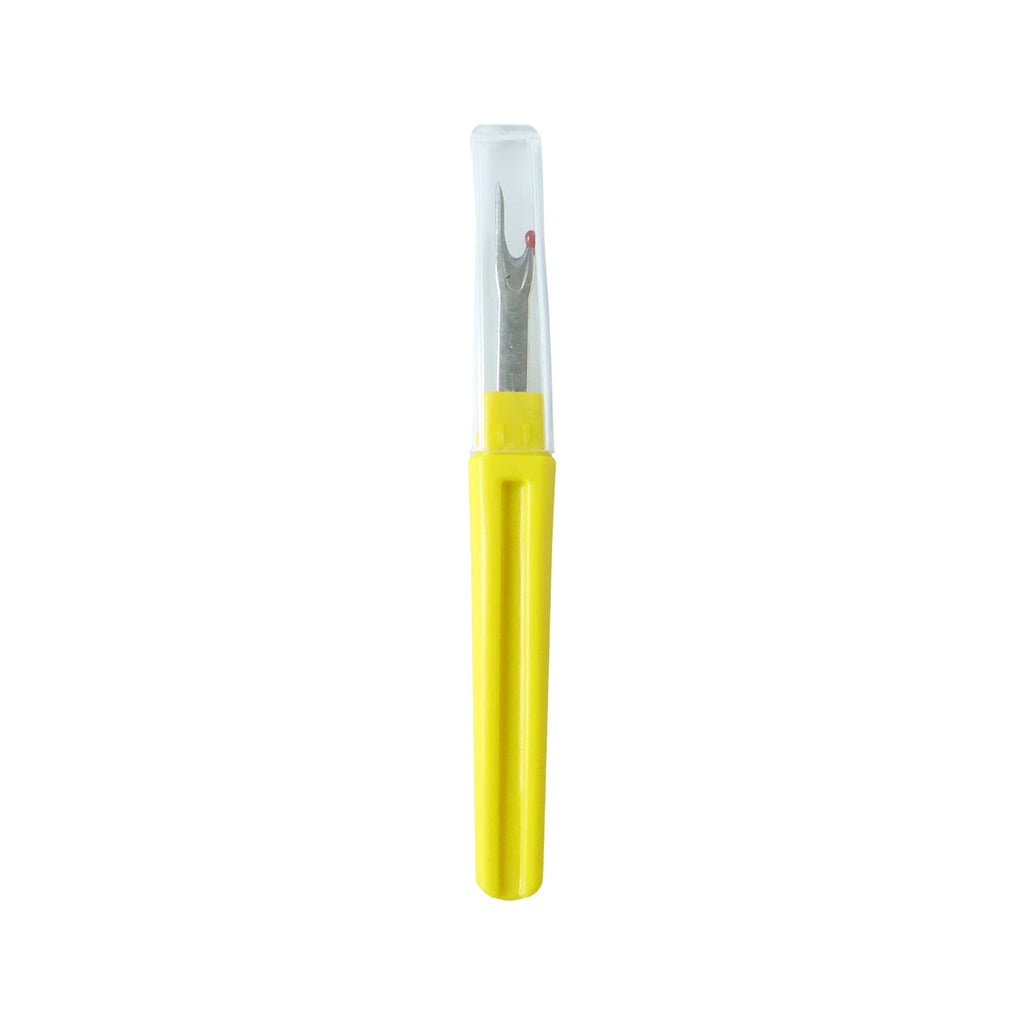 Embroidery seam ripper tool featuring a safety cap for safe handling.