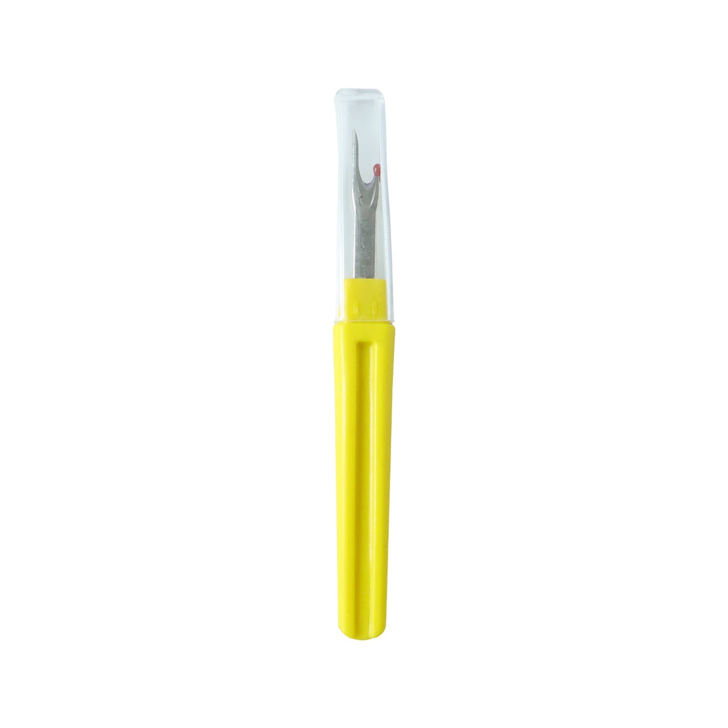 Embroidery seam ripper tool featuring a safety cap for safe handling.