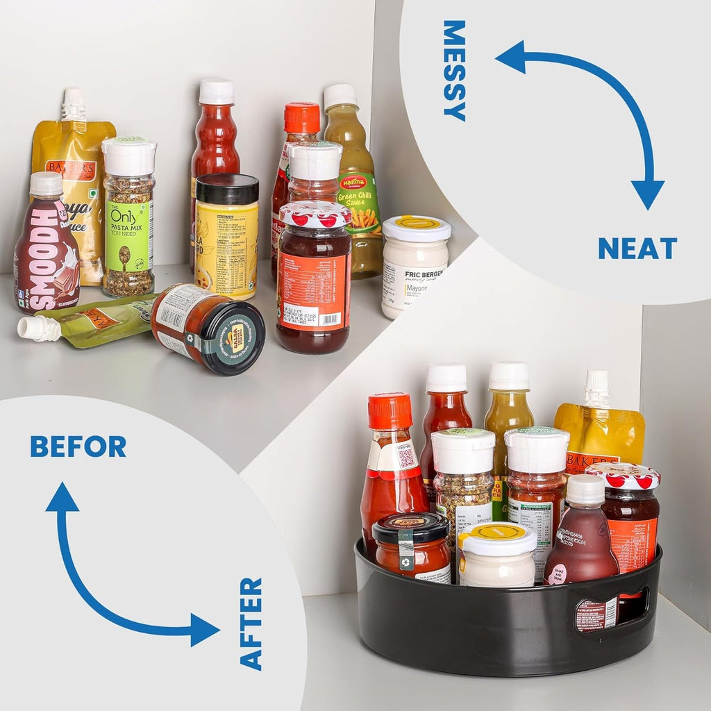 Multi-purpose storage tray organizer holding various household items.