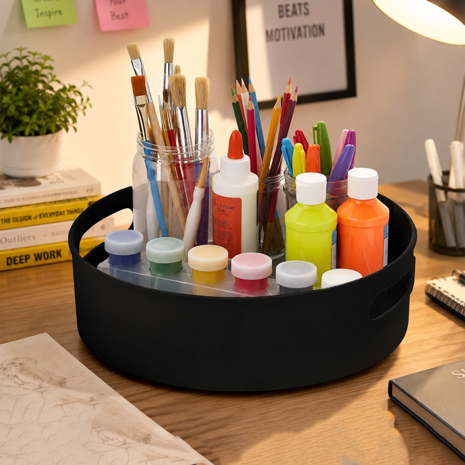 Lazy Susan style rotating tray organizing spices and bottles in a kitchen.
