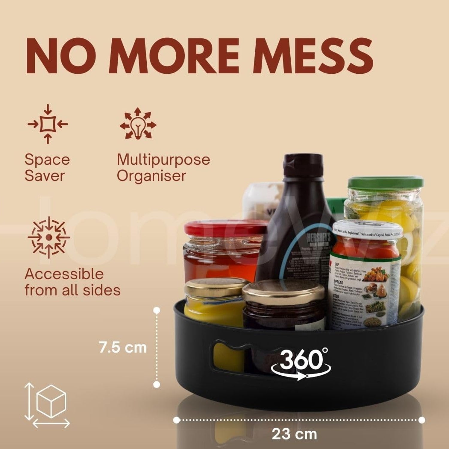 Detailed size guide for the round rotating storage tray organizer.